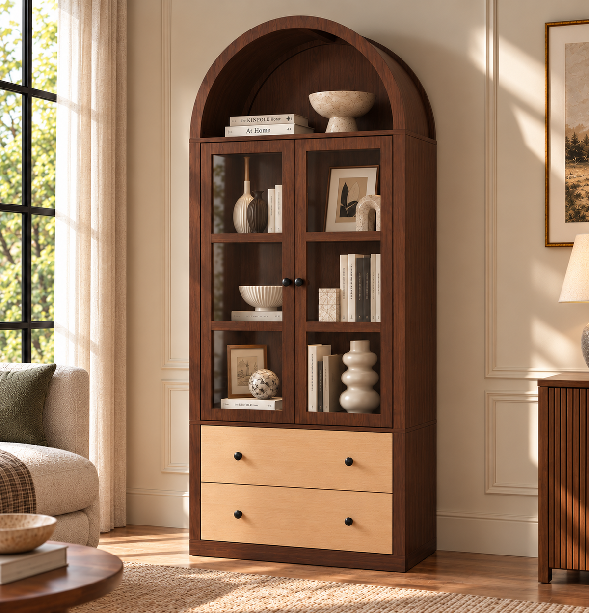 HLR 71" Tall Arched Modern Display Cabinet with Drawers, Curio Bookcase Cabinet with Glass Doors, Brown