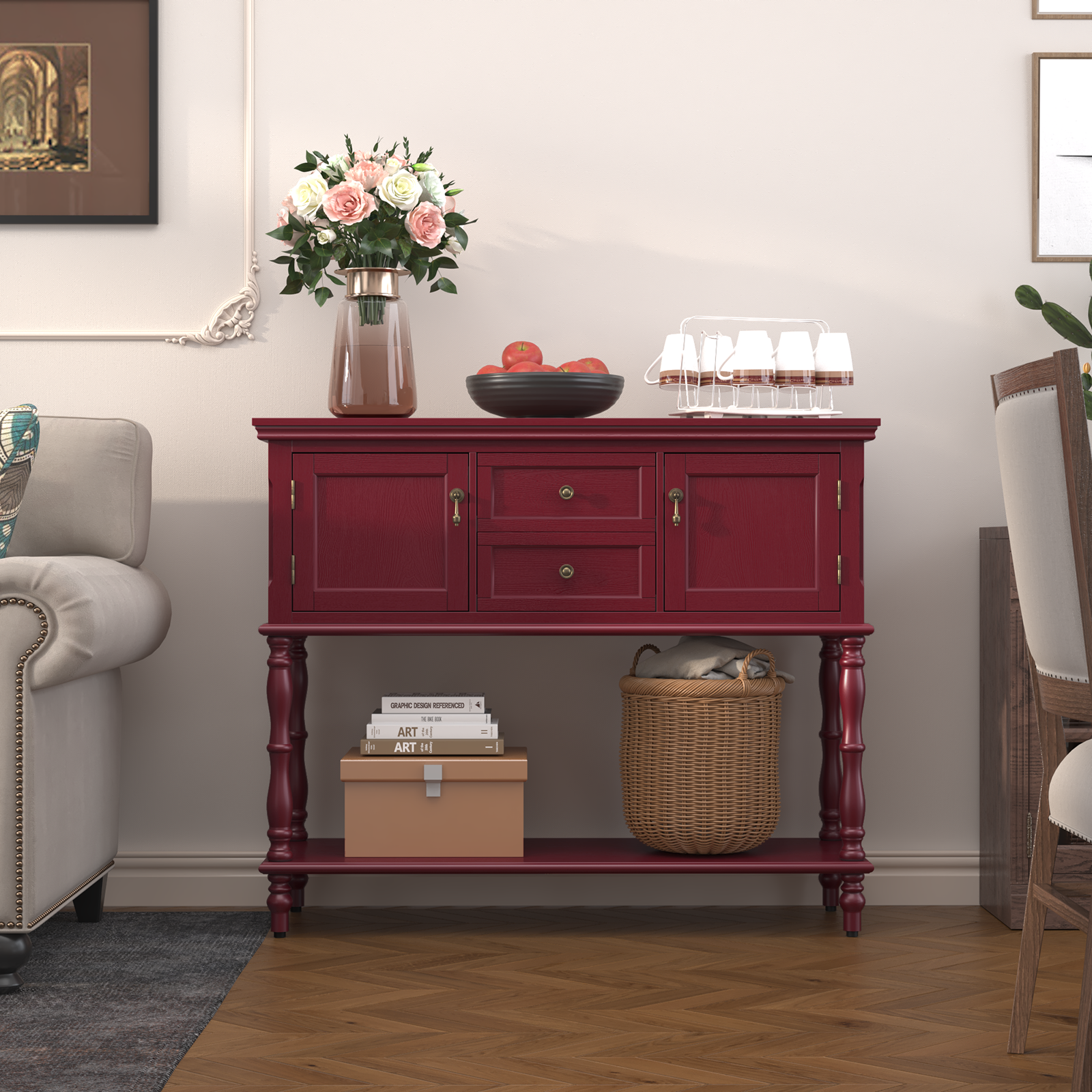 HLR 42" Farmhouse Modern Console Table, Entryway Table with Storage Shelf for Living Room, Red
