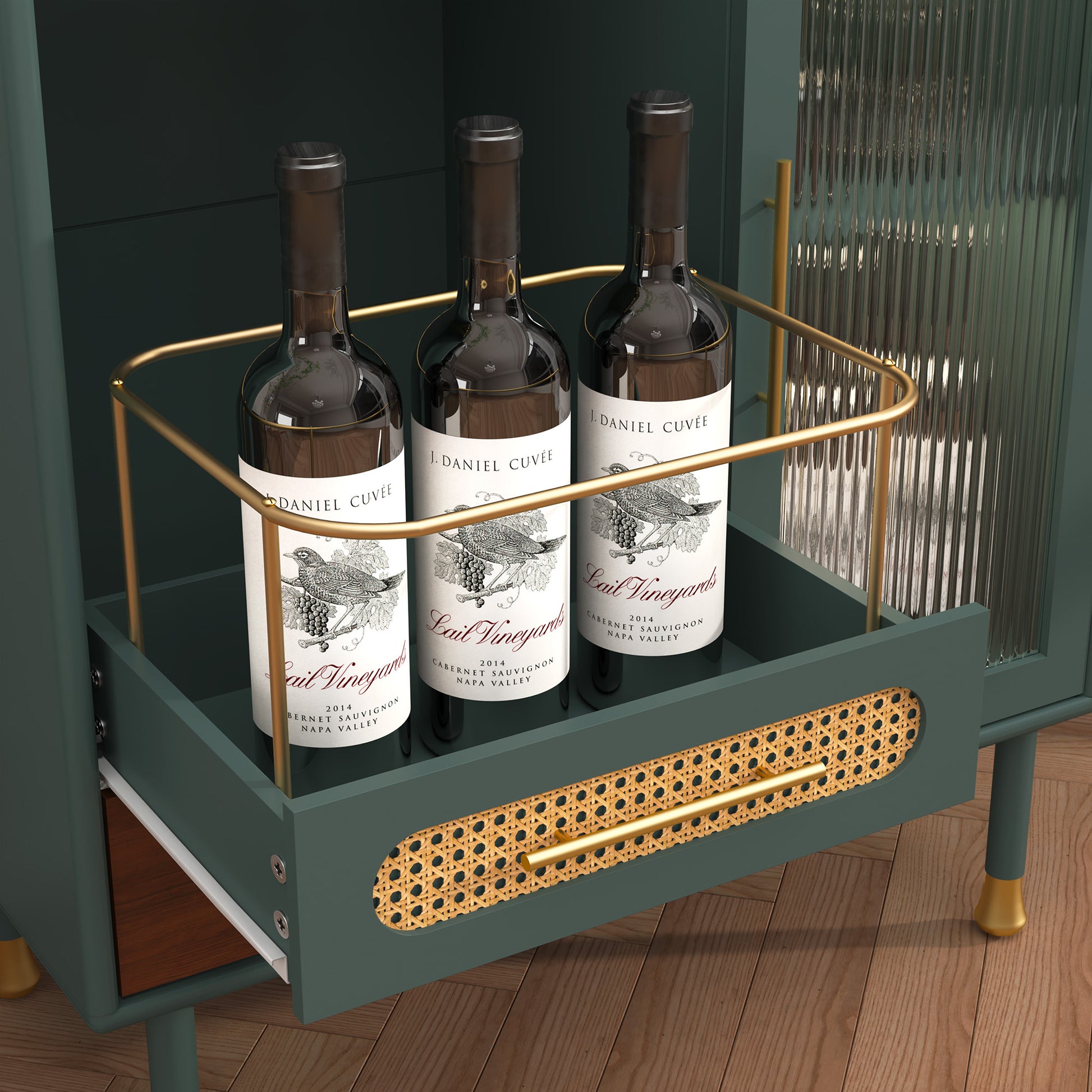HLR 31.5"W Modern Wine Storage Cabinet with Pull-Out Rack & Tempered Glass Doors – Compact Coffee Bar for Kitchen, Dining Room, Apartment,Green