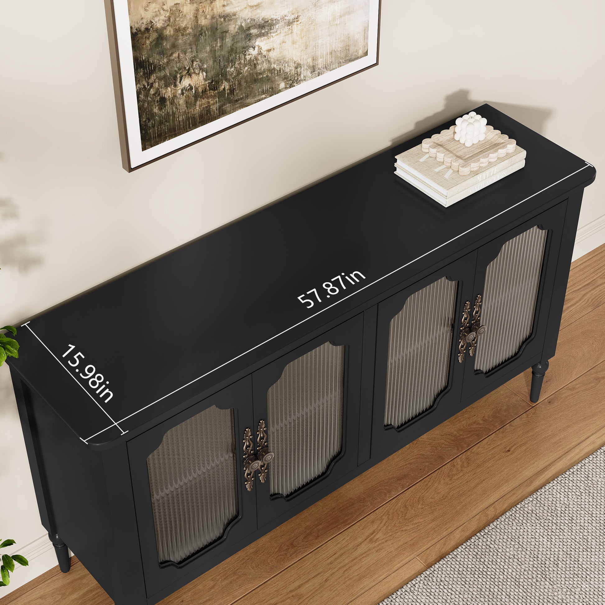 CBJCBJ Retro 58'' Wood Sideboard Buffet Cabinet,Storage Cabinet with Glass Doors for Living Dining & Bedroom,Black