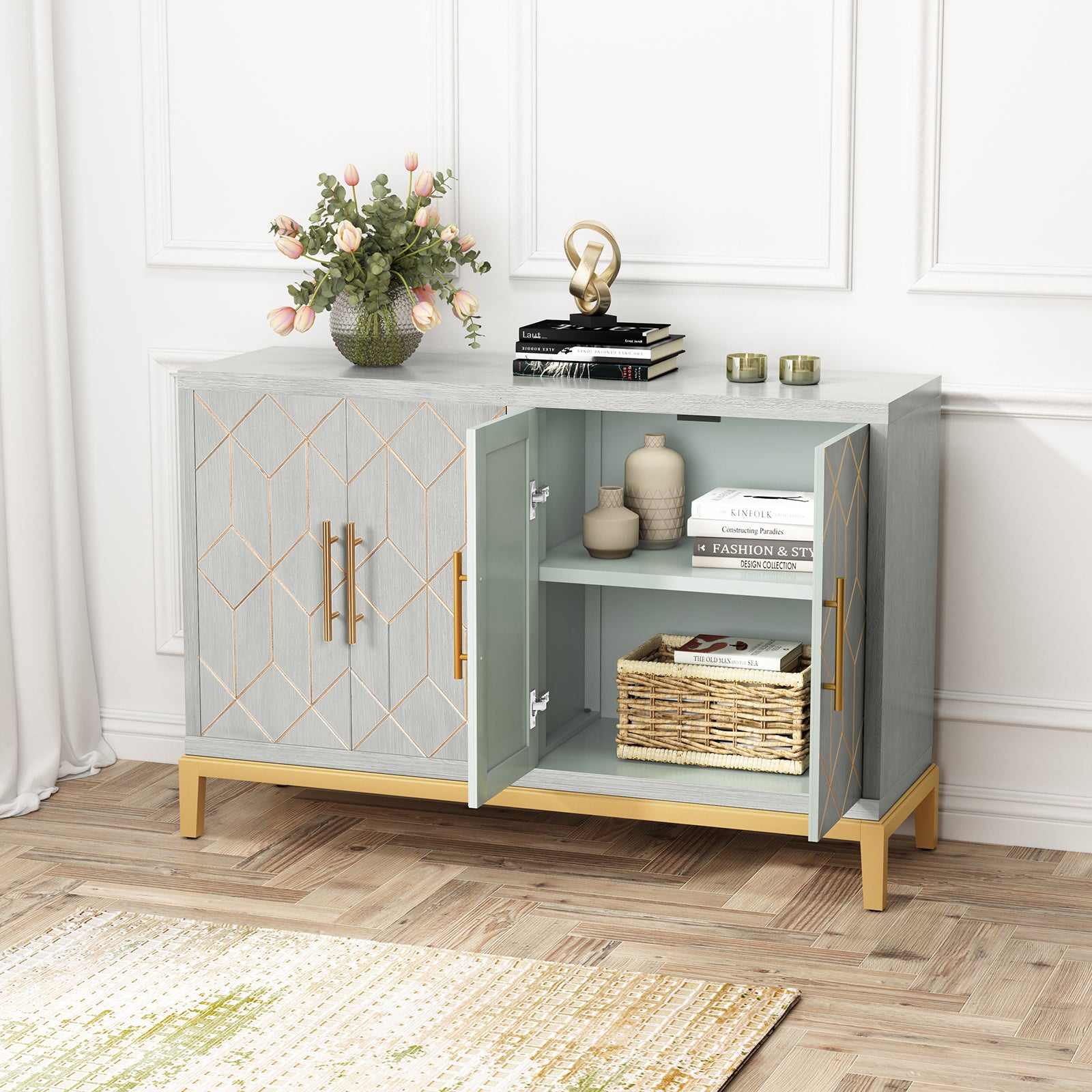 HLR 48" Modern Wood Credenzas & Sideboards with Gold Trim, Storage Cabinet with 4 Doors, Green