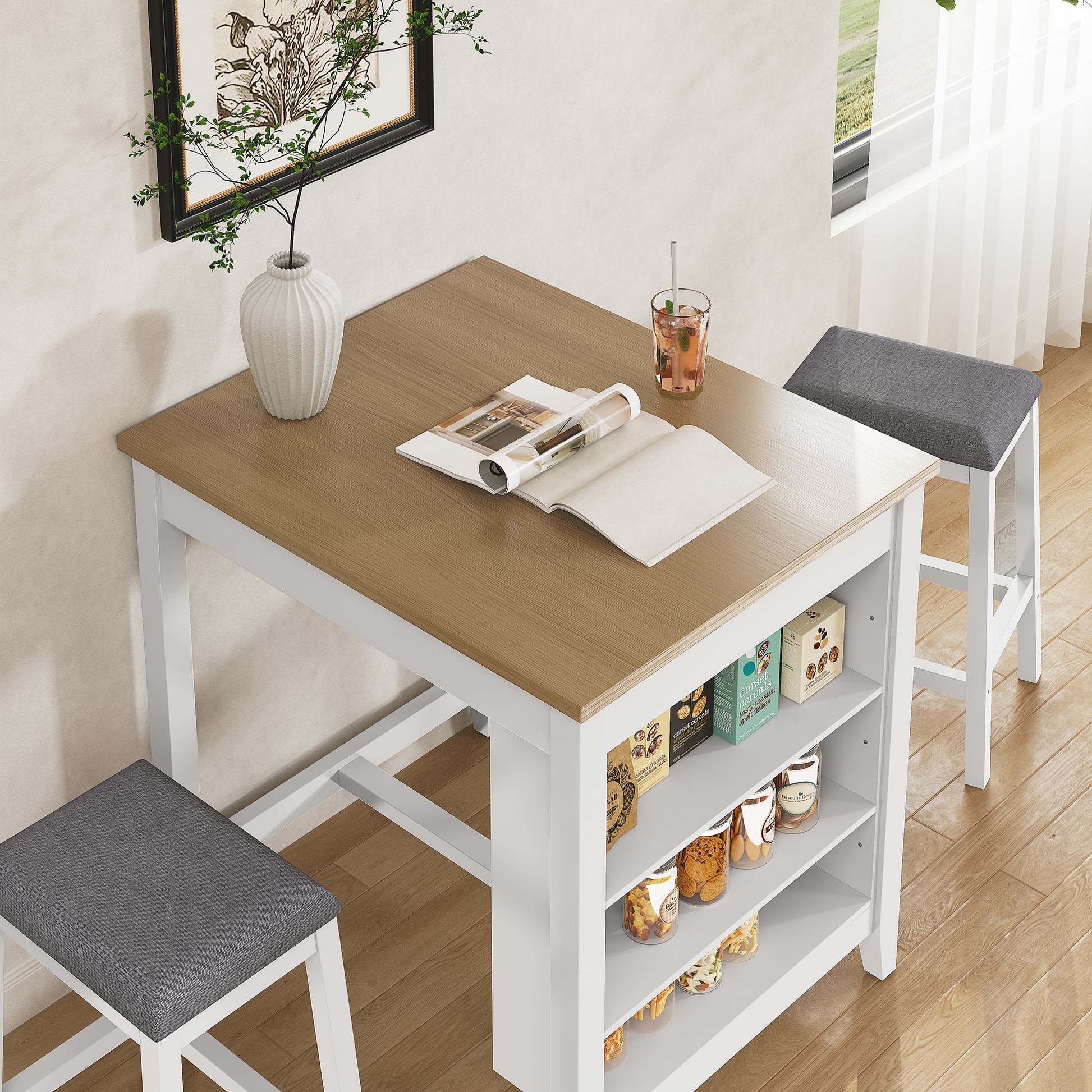 HLR Farmhouse Dining Table Set for 2, Small Kitchen Table Chairs Set of 2 with Tufted for Apartment, White