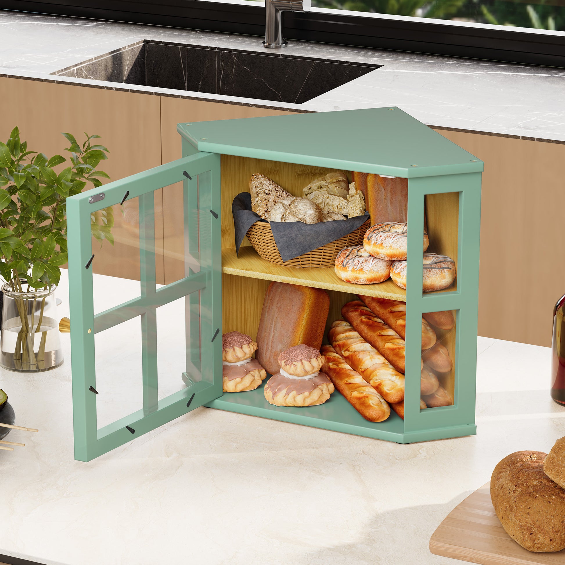 CBJCBJ Bamboo Bread Box, 2-Tier Countertop Storage Rack, Modern Retro Pantry Decor,Green
