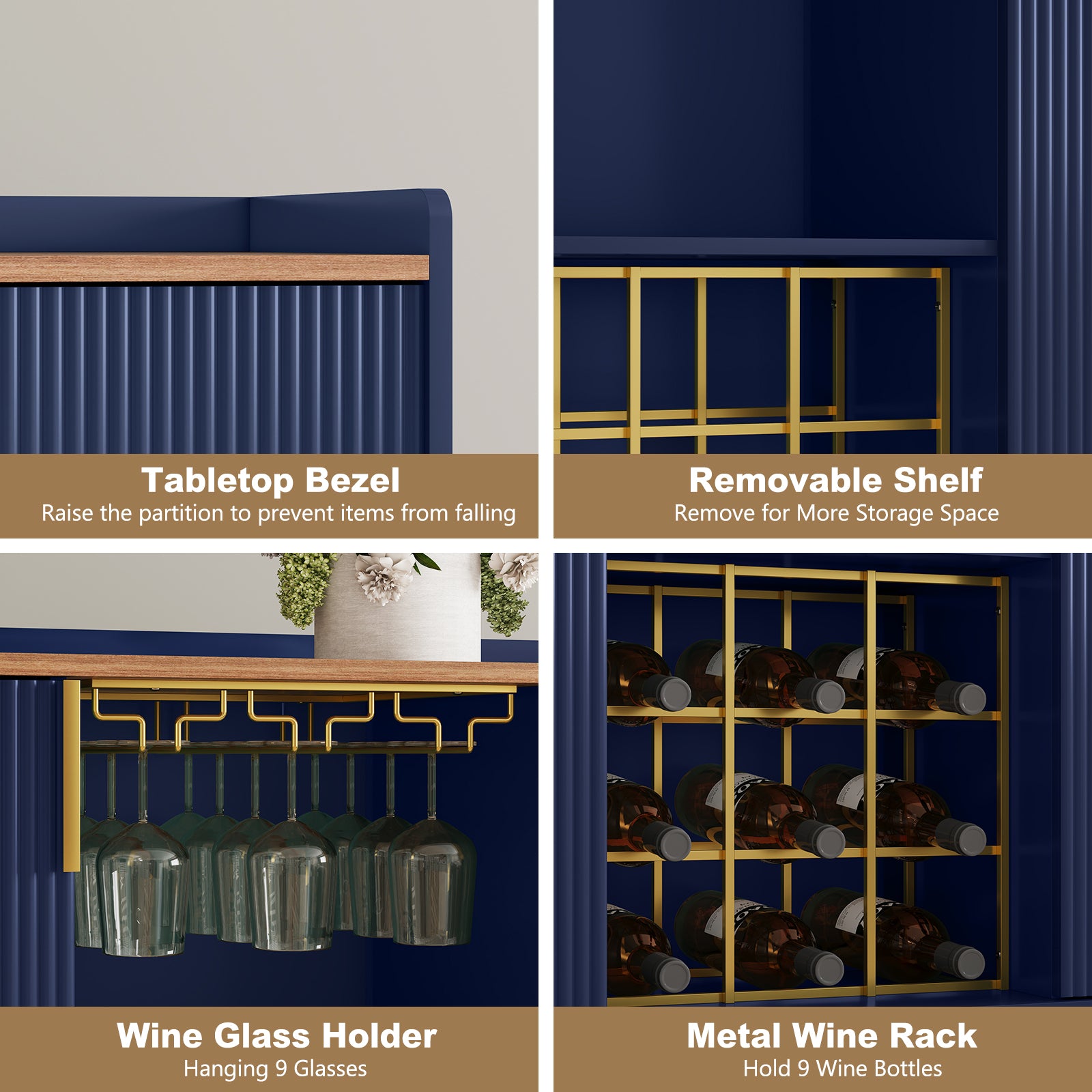 HLR 47.2" Coffee Wine Bar Cabinet with 2 Door, Modern Buffet Sideboard Table for Dining Room, Navy Blue