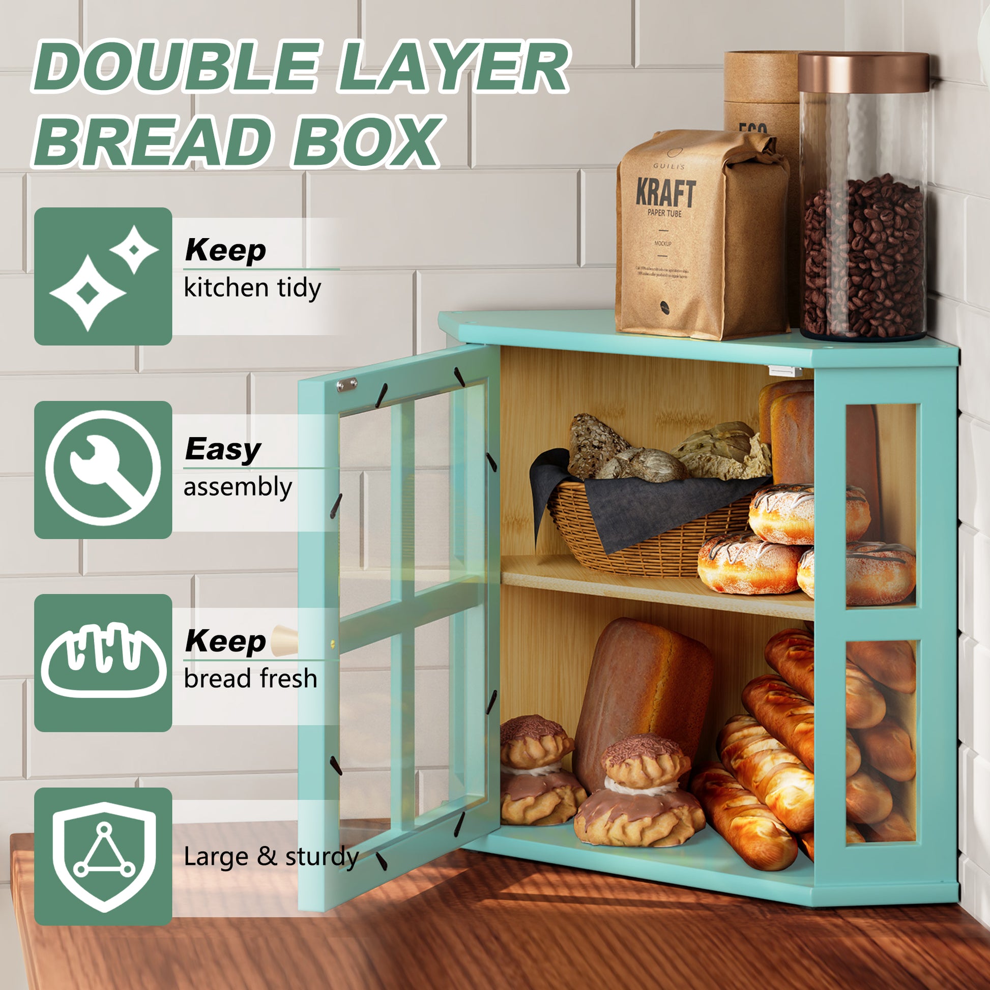 CBJCBJ Bamboo Bread Box, 2-Tier Countertop Storage Rack, Modern Retro Pantry Decor,Blue