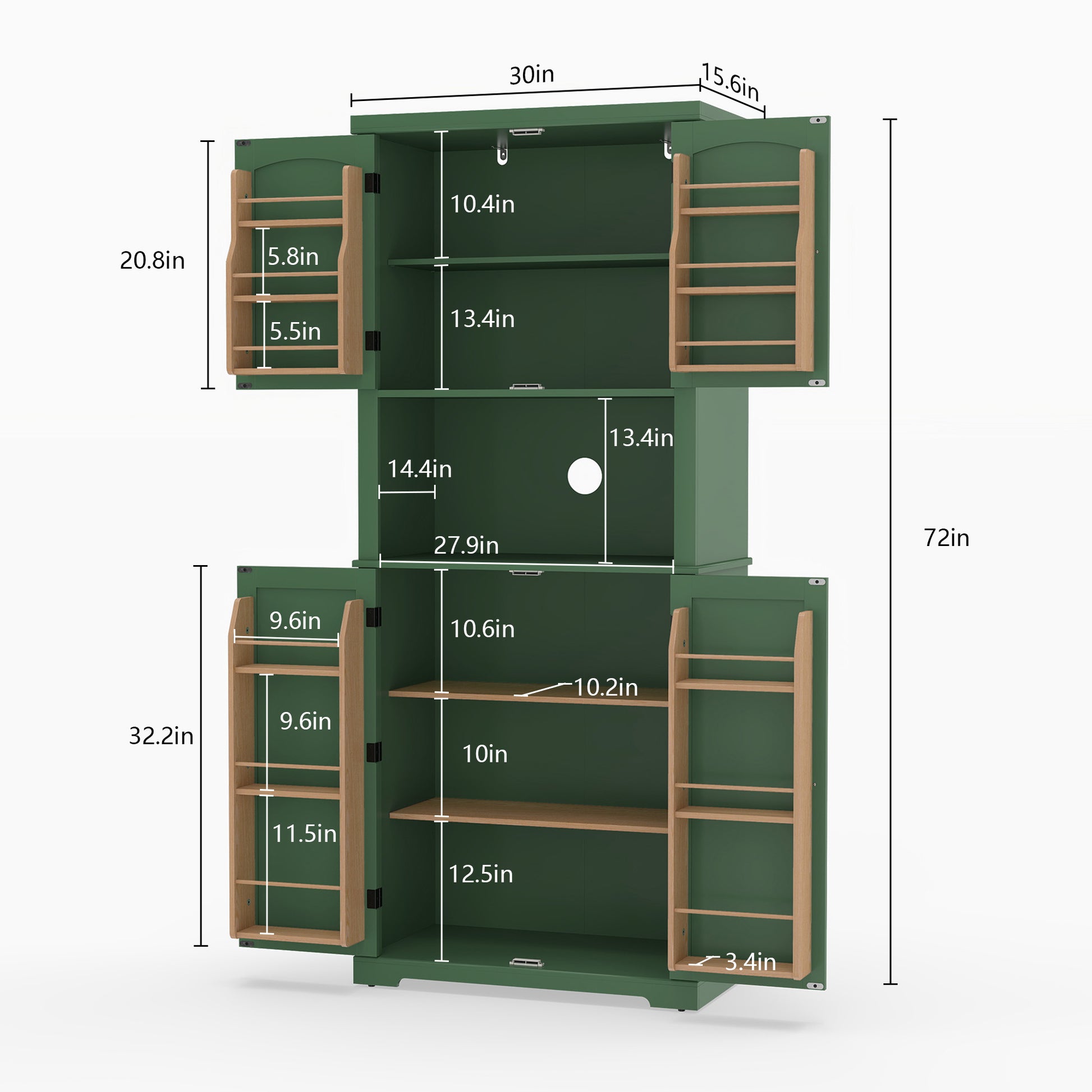 HLR 72" Kitchen Pantry Cabinet, Freestanding Pantry Storage Cabinet with Hutch & Shelves, Green