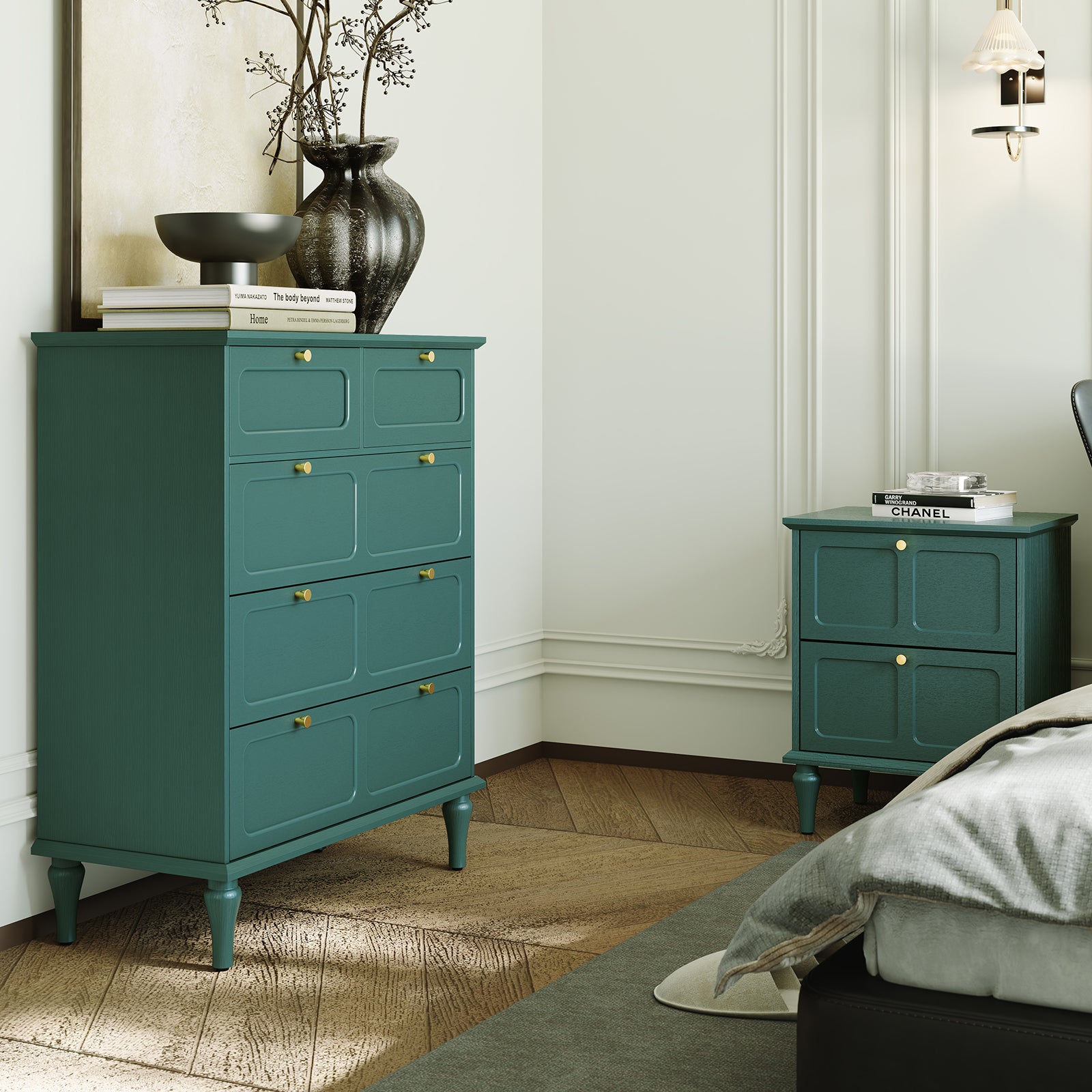 HLR 40" Mid-century 5 Drawer Dresser for Bedroom, Small Dressers & Chest of Drawers,Green