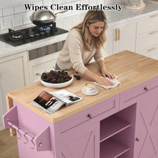 HLR 51.7" W Rolling Kitchen Islands Cart, Adjustable Shelves, Breakfast Bar, Storage Cabinets,Pink