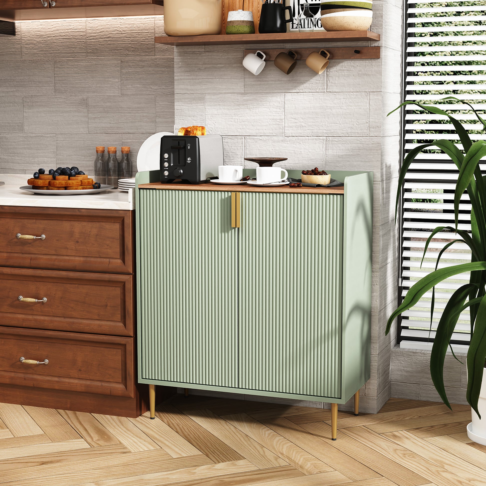 CBJCBJ Modern Wine Cabinet, Home Bar Cabinet with Storage Drawers and Wine Rack, Kitchen Sideboard,Sage Green