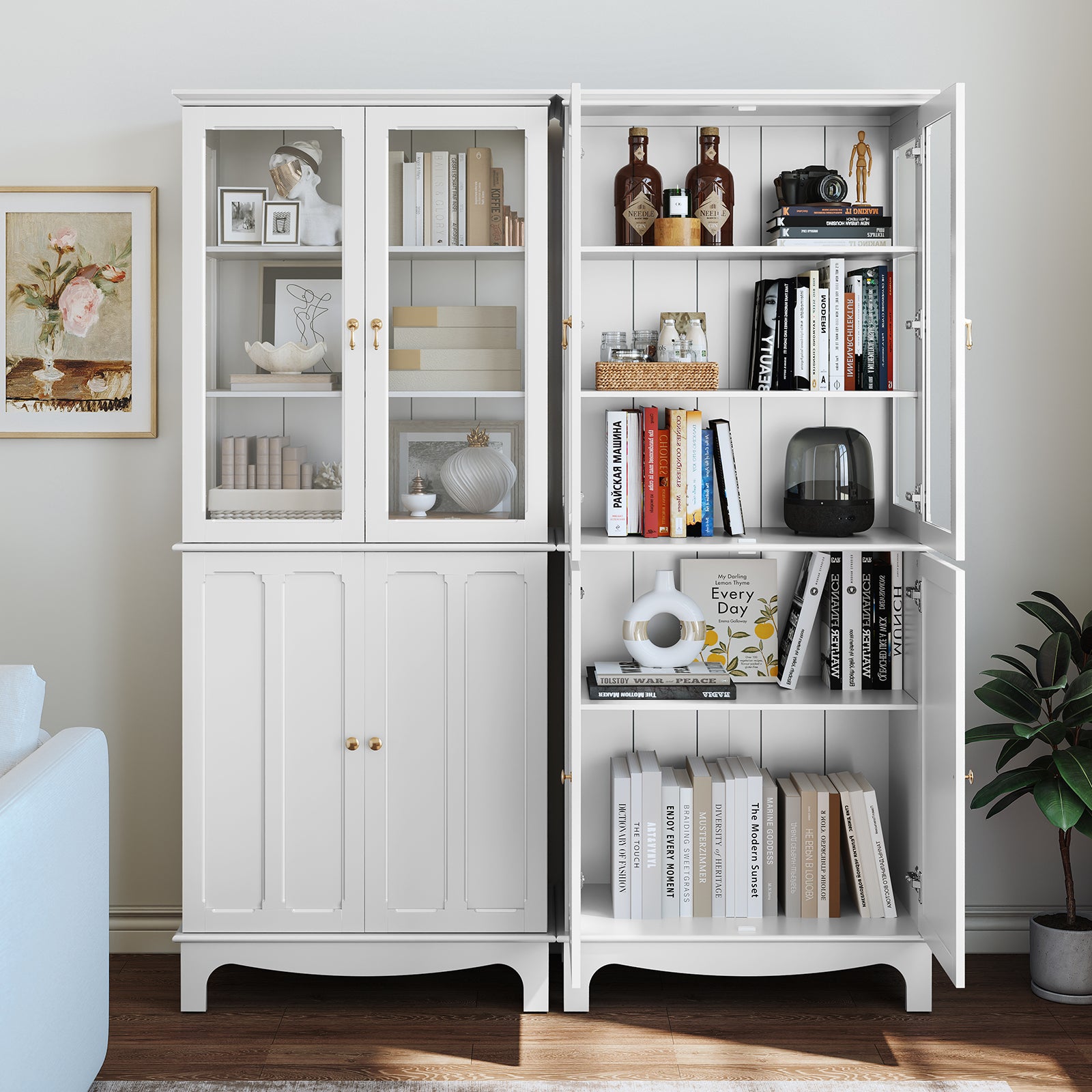 CBJCBJ Modern Bookcase with Storage, Display Cabinet with Glass Doors, Storage Cabinet with Adjustable Shelves,White