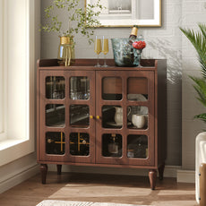 HLR Large Sideboard Buffet Cabinet with Storage, 32" Mid-Century Brown Coffee Wine Bar with 2 Glass Doors, Outlets