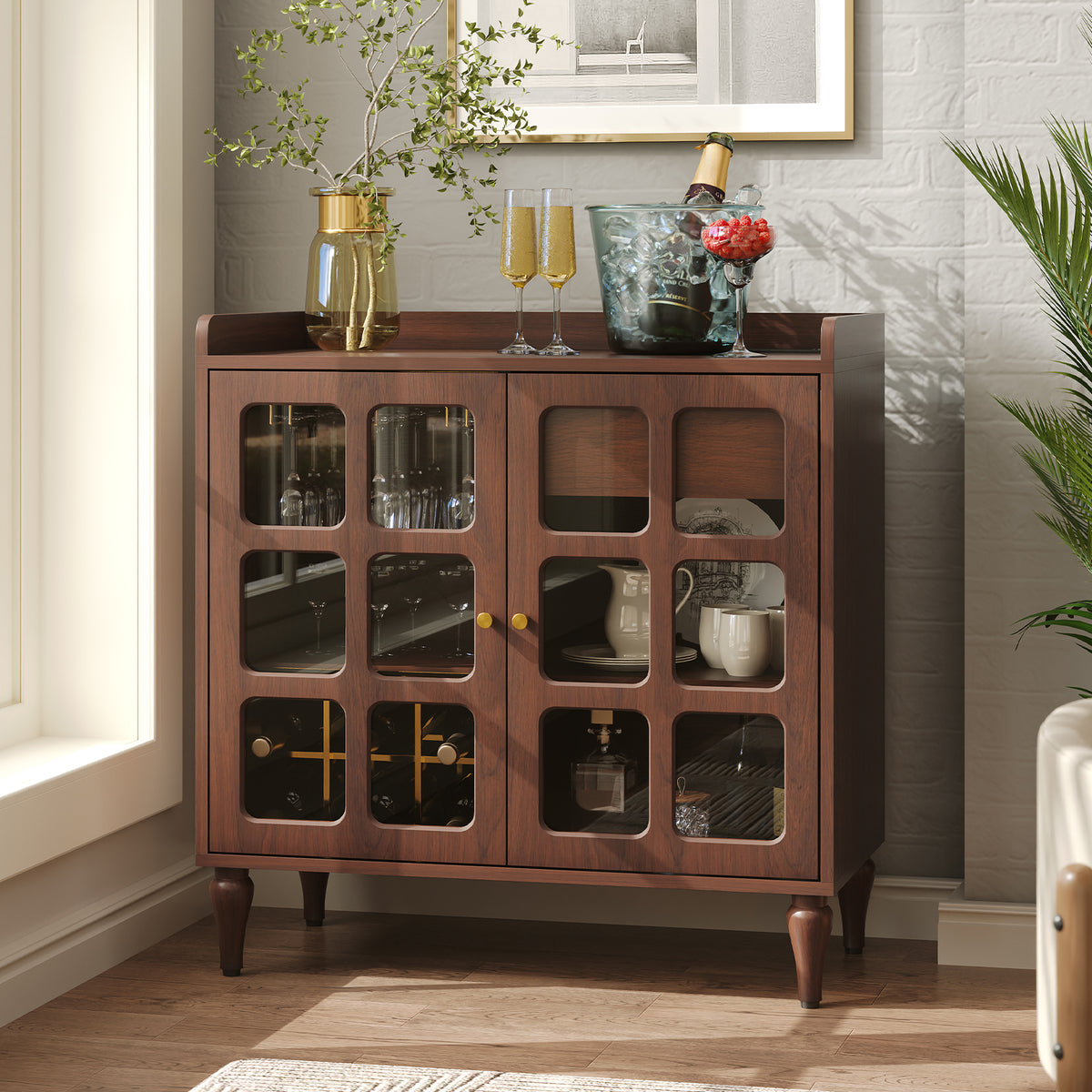HLR Large Sideboard Buffet Cabinet with Storage, 32" Mid-Century Brown Coffee Wine Bar with 2 Glass Doors, Outlets