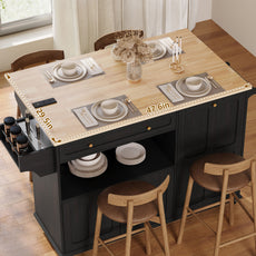 HLR Mid-Century 60" Kitchen Island with Trash Can Storage, Rolling Island Table, Black