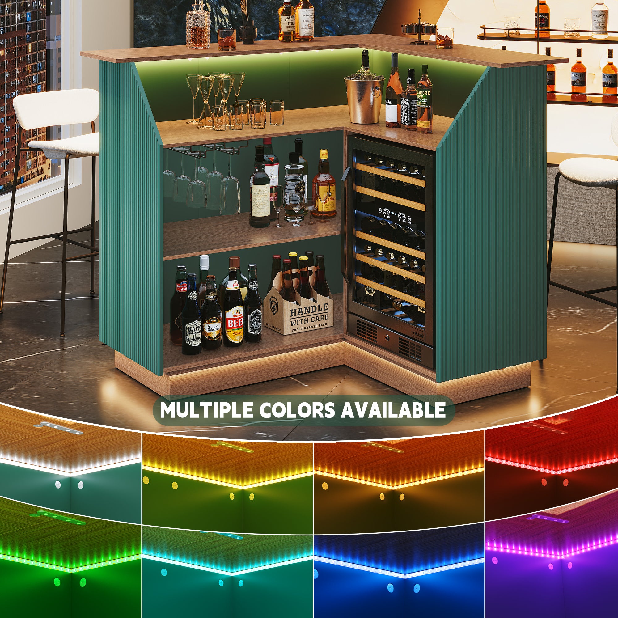 HLR L-Shaped Home Bar Cabinet with Fridge Space, 4-Tier Corner Bar Unit Wine Cabinet with Storage, Green
