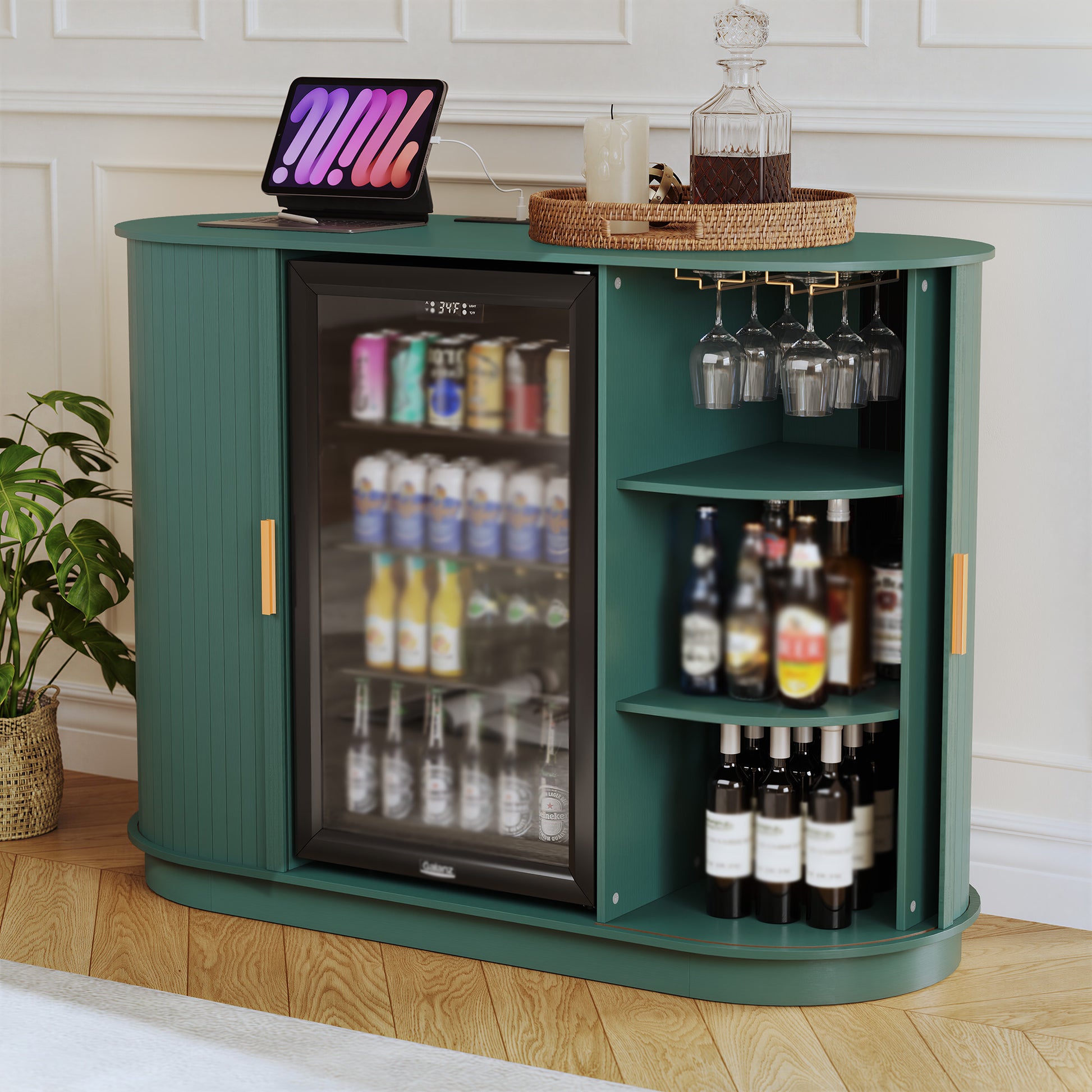 CBJCBJ Modern 53" Wine Cabinet with Socket and Refrigerator space, Bar Cabinet for Dining Room,Brown