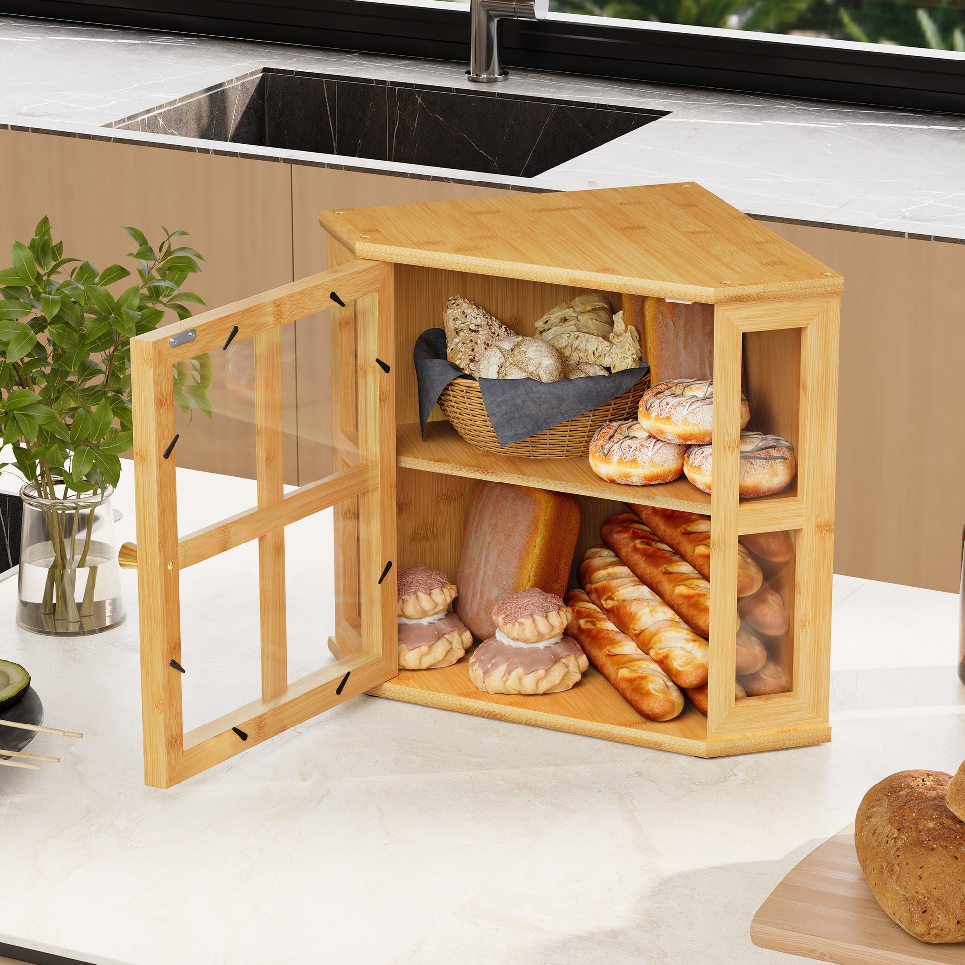 CBJCBJ Bamboo Bread Box, 2-Tier Countertop Storage Rack, Modern Retro Pantry Decor,Wood