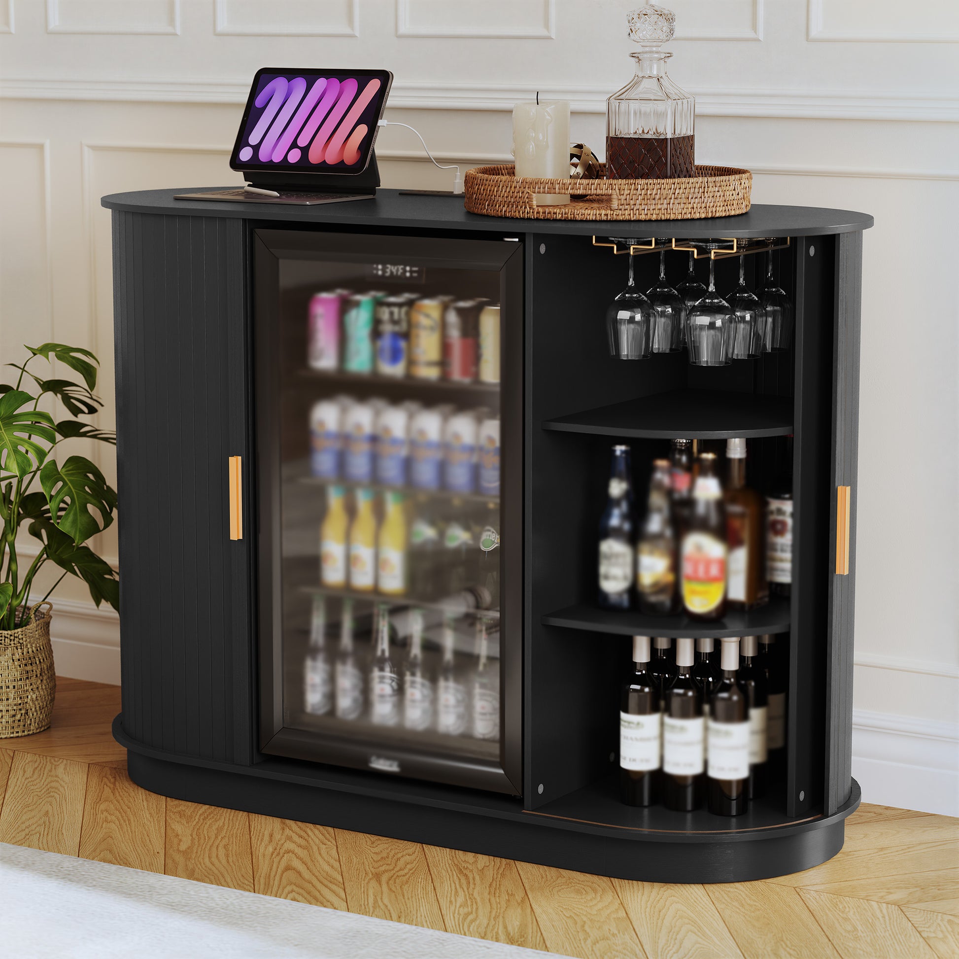CBJCBJ 53" Wine Bar Cabinet with Tambour Door, Coffee Bar for Dining Room,Black