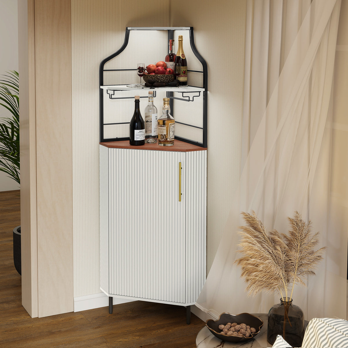 HLR Corner Coffee Bar Cabinet with LED Strip, 4-Tiers Modern Tall Liquor Cabinet with Wine Rack for Dining Room, White