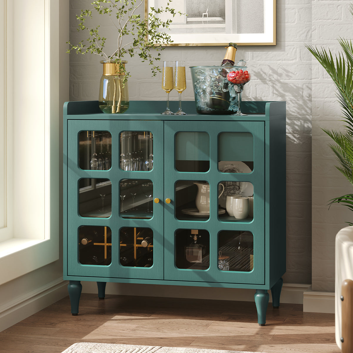 HLR Large Sideboard Buffet Cabinet with Storage, 32" Mid-Century Green Coffee Wine Bar with 2 Glass Doors, Outlets