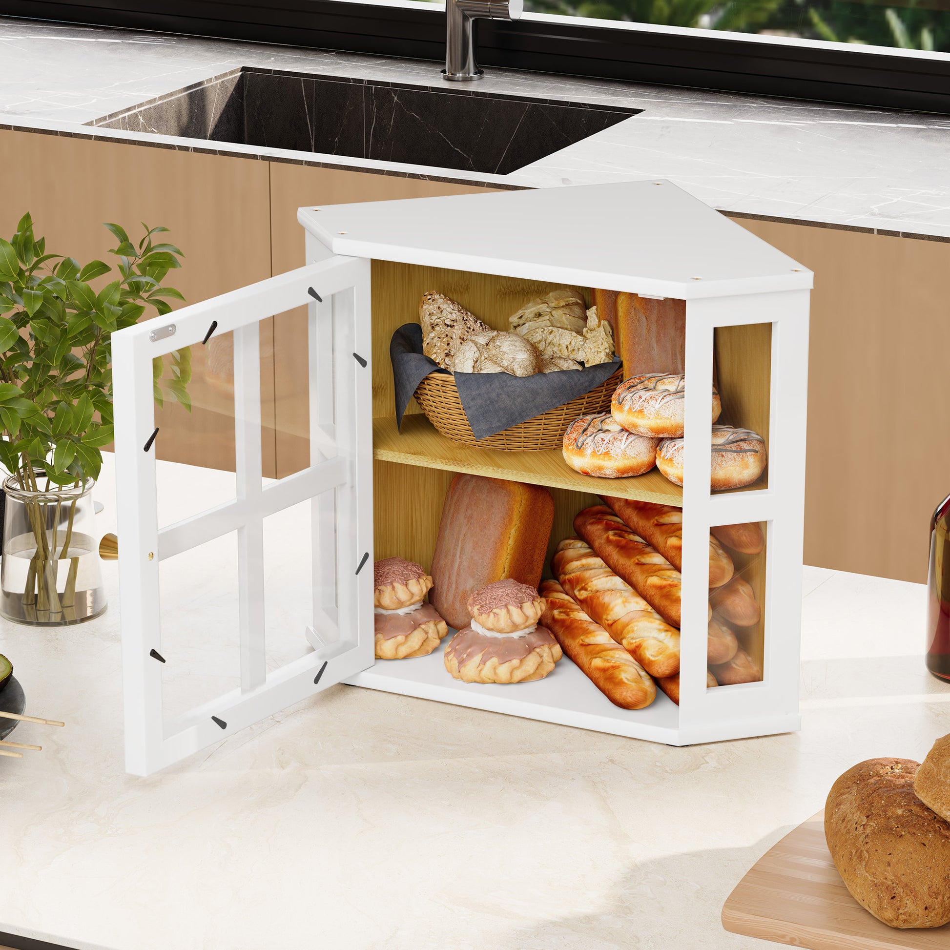 CBJCBJ Bamboo Bread Box, 2-Tier Countertop Storage Rack, Modern Retro Pantry Decor,White
