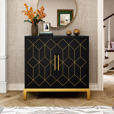 HLR 30.7"W Black Accent Cabinet with 2 Doors, Entryway Cabinet with Gold Trim, Modern Buffet Sideboards