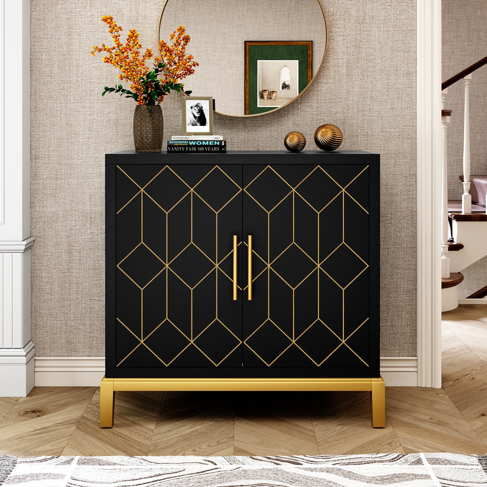 HLR 30.7"W Black Accent Cabinet with 2 Doors, Entryway Cabinet with Gold Trim, Modern Buffet Sideboards