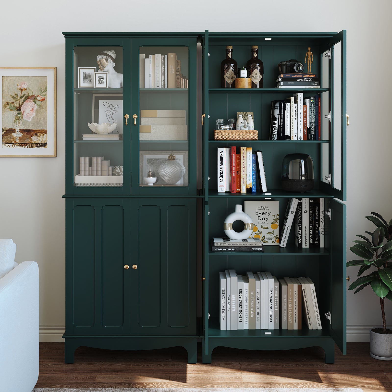CBJCBJ Modern Bookcase with Storage, Display Cabinet with Glass Doors, Storage Cabinet with Adjustable Shelves,Green
