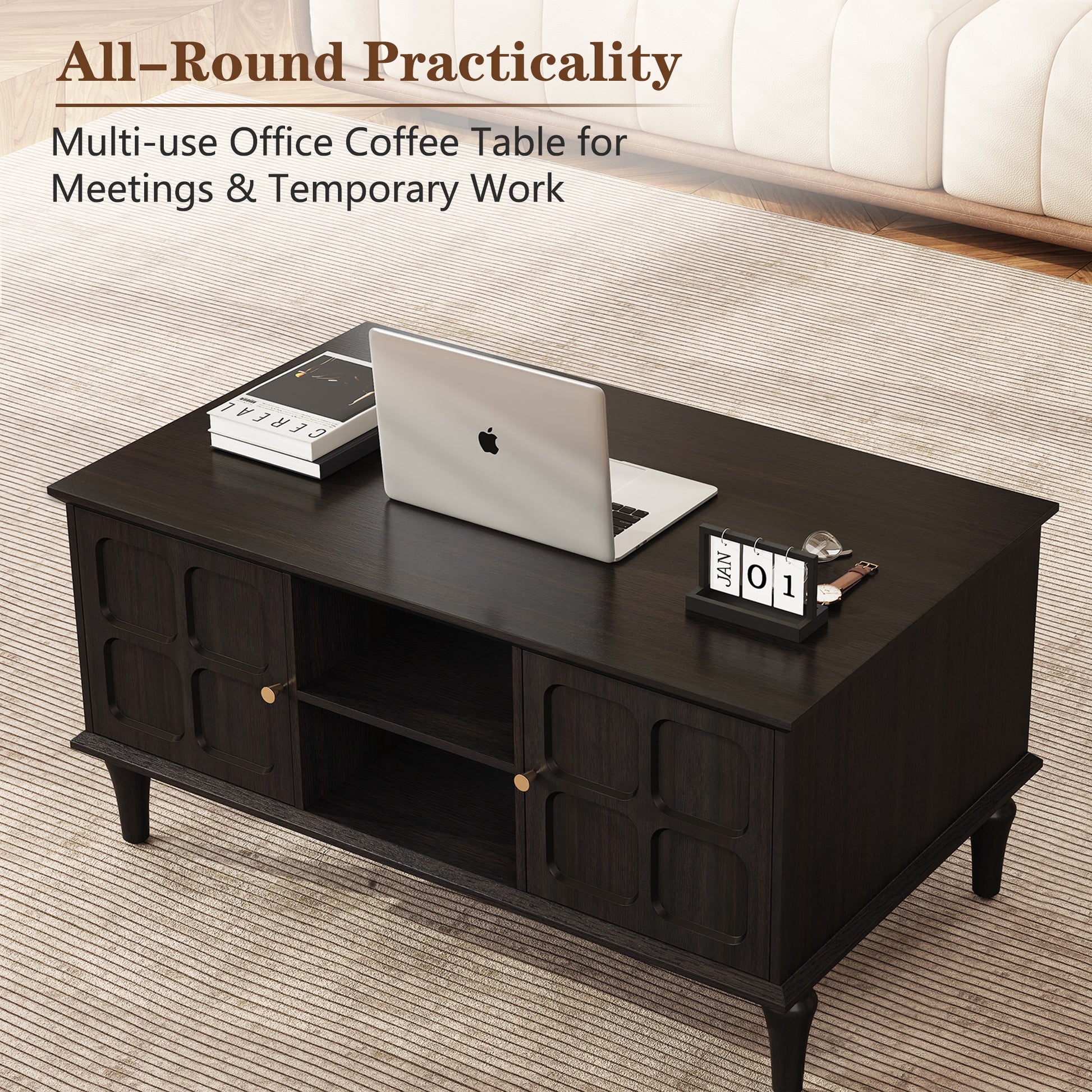 CBJCBJ Mid-Century Coffee Table,Living Room Center Table with 4-Door Storage and Open Storage, Black
