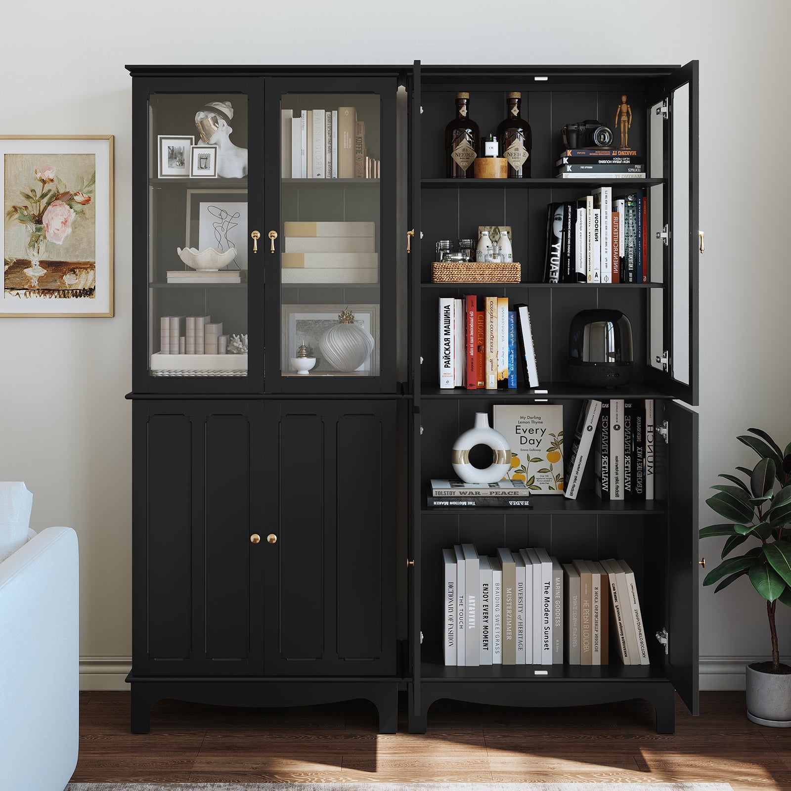 CBJCBJ Modern Bookcase with Storage, Display Cabinet with Glass Doors, Storage Cabinet with Adjustable Shelves,Black