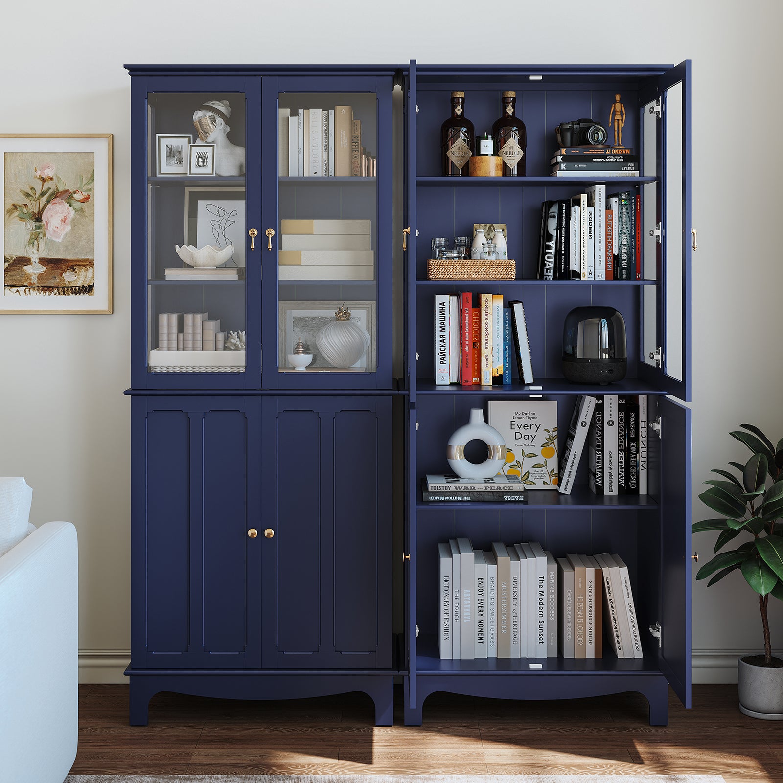 CBJCBJ Modern Bookcase with Storage, Display Cabinet with Glass Doors, Storage Cabinet with Adjustable Shelves,Blue
