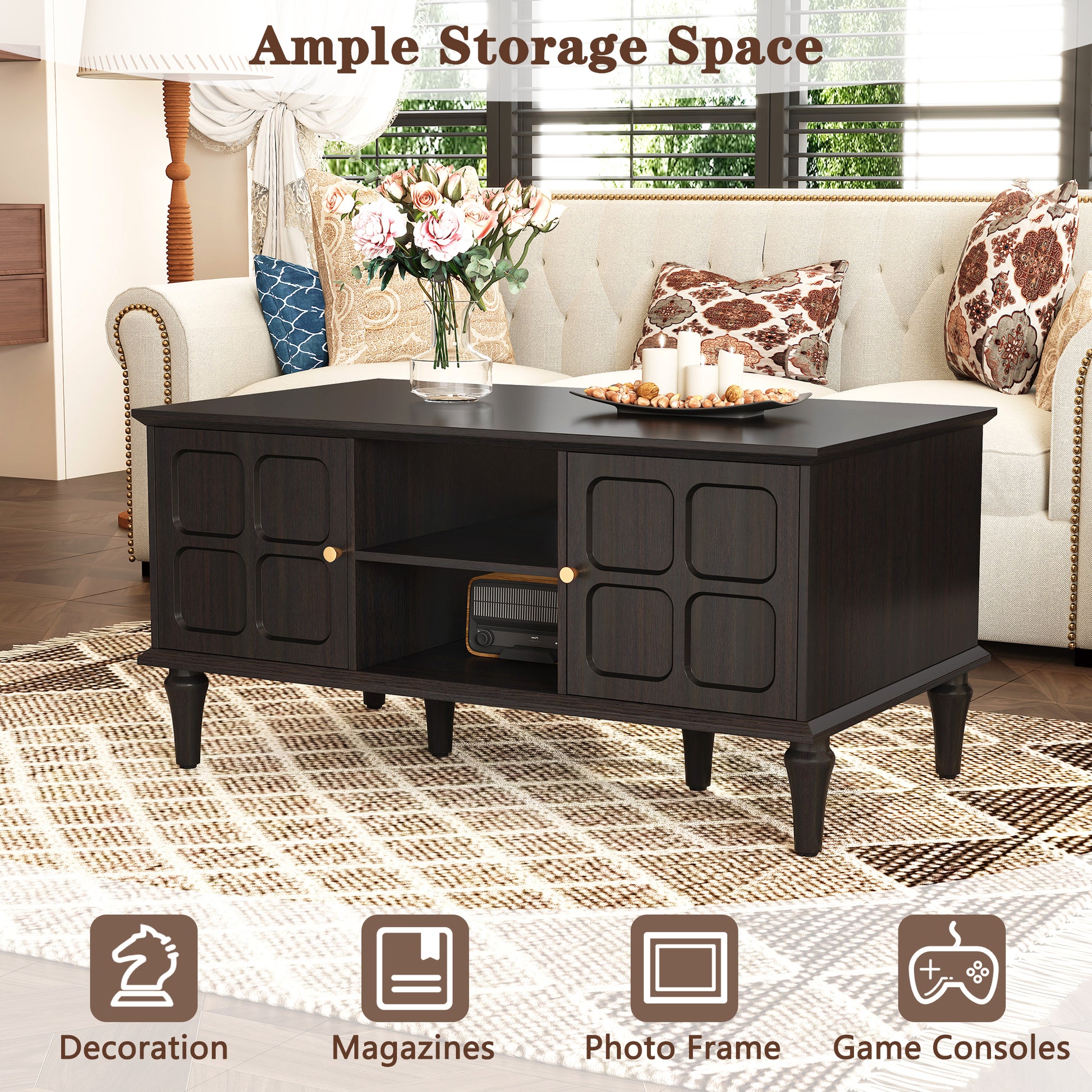 HLR 39.4" Mid Century Coffee Table with Storage, Wood Center Table with Open Shelves for Living Room, Black