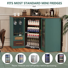 HLR Modern Corner Bar Cabinets with Mini Fridge Space, Wine Glass Rack, Storage Drawers, Green