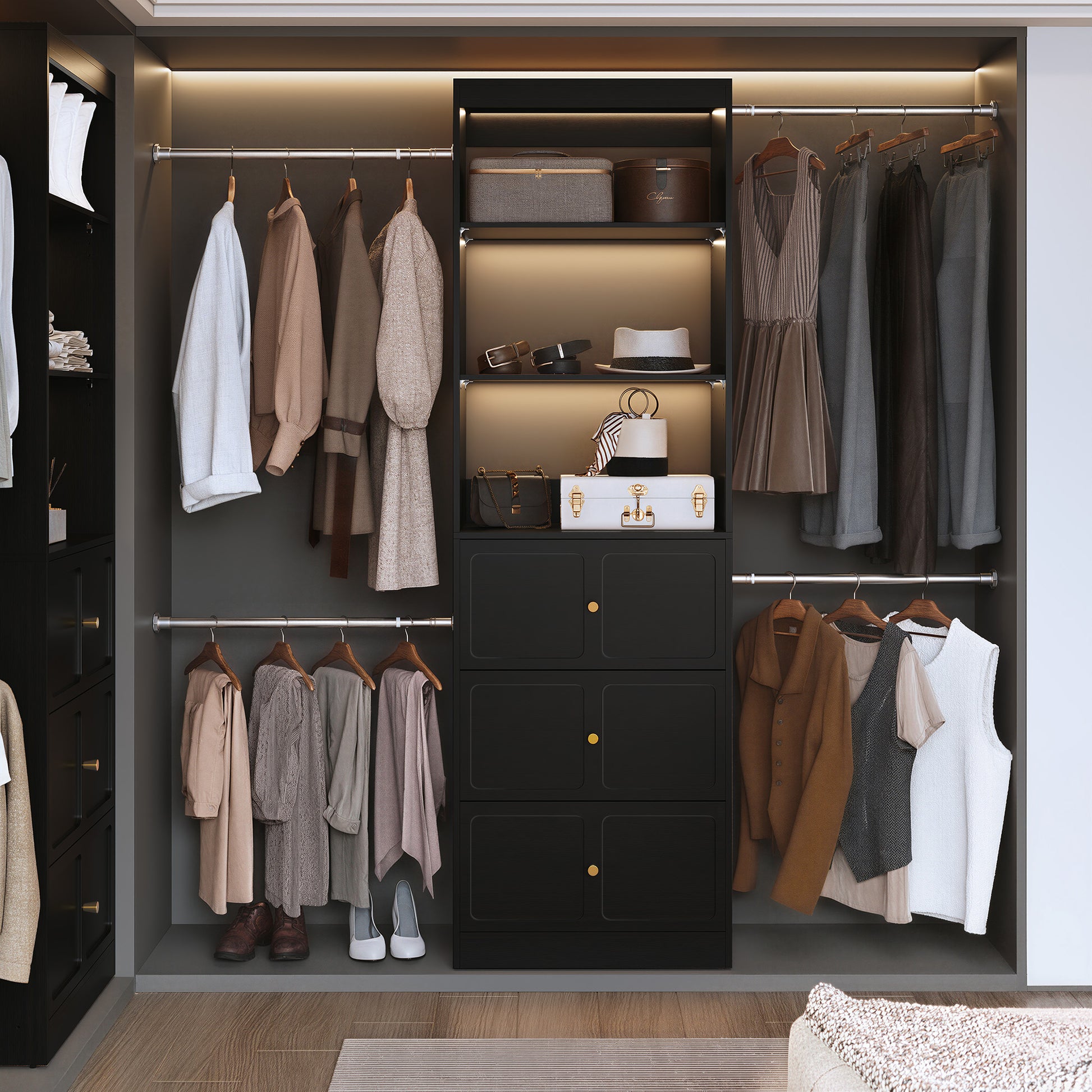 HLR Open Wardrobe Closet System with Adjustable Hanging Rods, Storage Cabinet with Drawers and Shelves, Black