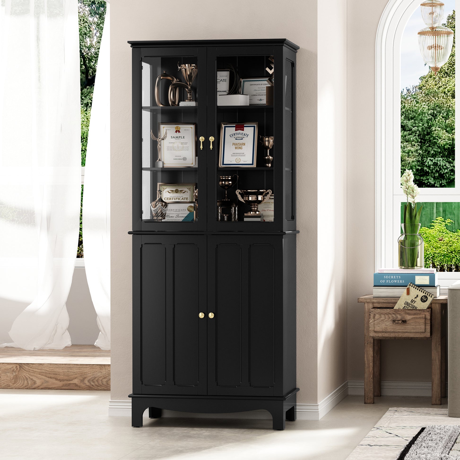 HLR 72" Modern Black Cupboard with Adjustable Shelves, Elegant Storage Cabinet