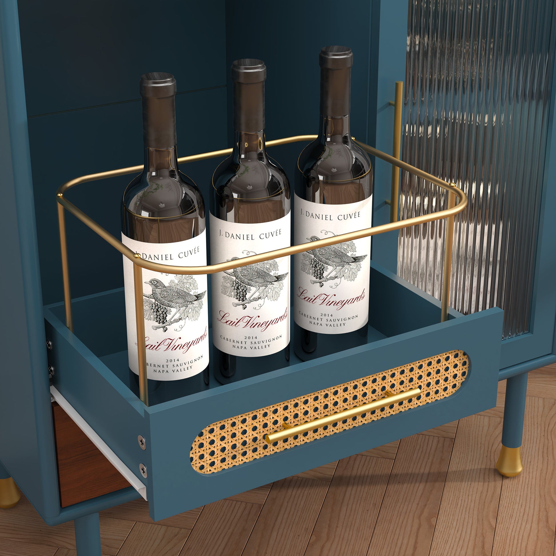 HLR 31.5"W Modern Wine Storage Cabinet with Pull-Out Rack & Tempered Glass Doors – Compact Coffee Bar for Kitchen, Dining Room, Apartment,Blue