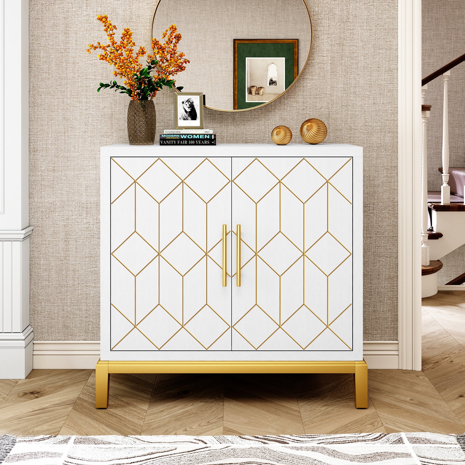 HLR 30.7" White Accent Cabinet with 2 Doors, Entryway Cabinet with Gold Trim, Modern Buffet Sideboards