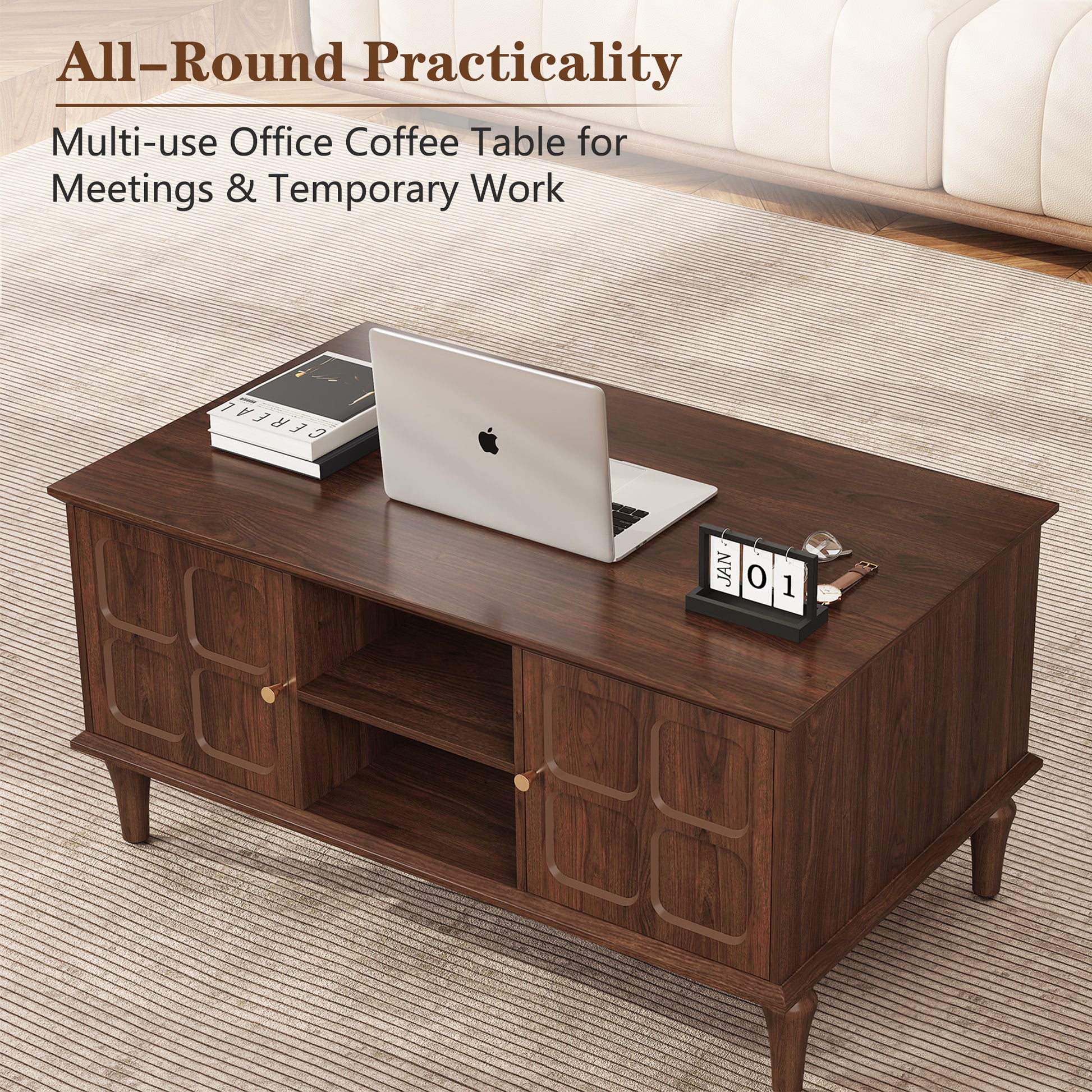 CBJCBJ Mid-Century Coffee Table,Living Room Center Table with 4-Door Storage and Open Storage, Brown