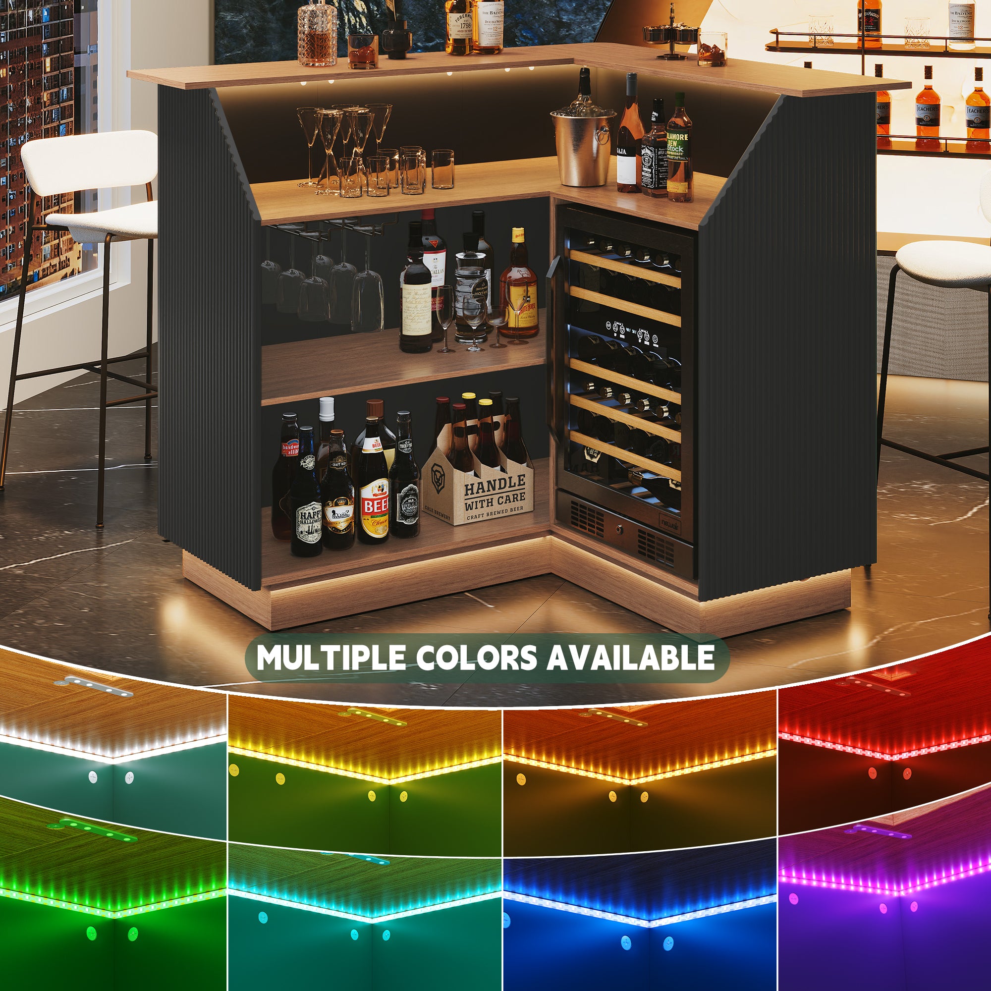 HLR L-Shaped Home Bar Cabinet with Fridge Space, 4-Tier Corner Bar Unit Wine Cabinet with Storage