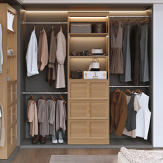 HLR Open Wardrobe Closet System with Adjustable Hanging Rods, Storage Cabinet with Drawers and Shelves,Brown