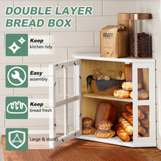 HLR Double Layer Bamboo Bread Box for Kitchen Counter, Large Capacity Bread Storage Bin with Acrylic Door, White