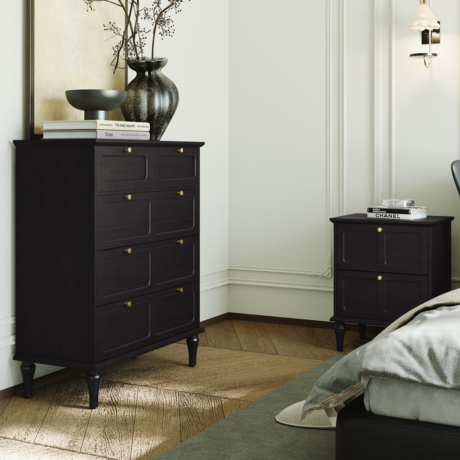 HLR 40" Mid-century 5 Drawer Dresser for Bedroom, Small Dressers & Chest of Drawers, Black