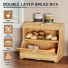 HLR Natural Bamboo Bread Box Kitchen Countertop with Cutting Board and Roll Top, Brown 2-Tier Large Wood Bread Bin