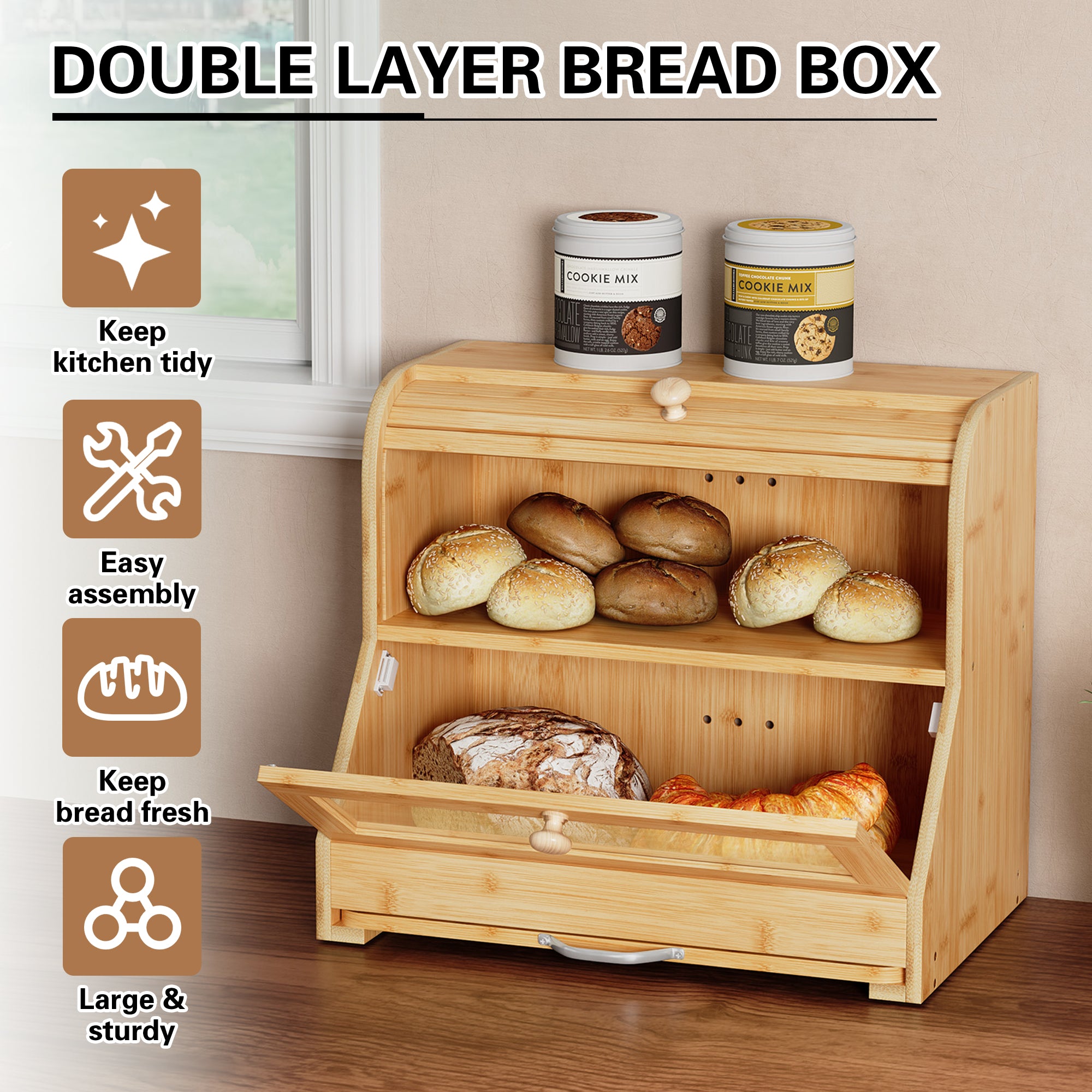 HLR Natural Bamboo Bread Box Kitchen Countertop with Cutting Board and Roll Top, Brown 2-Tier Large Wood Bread Bin