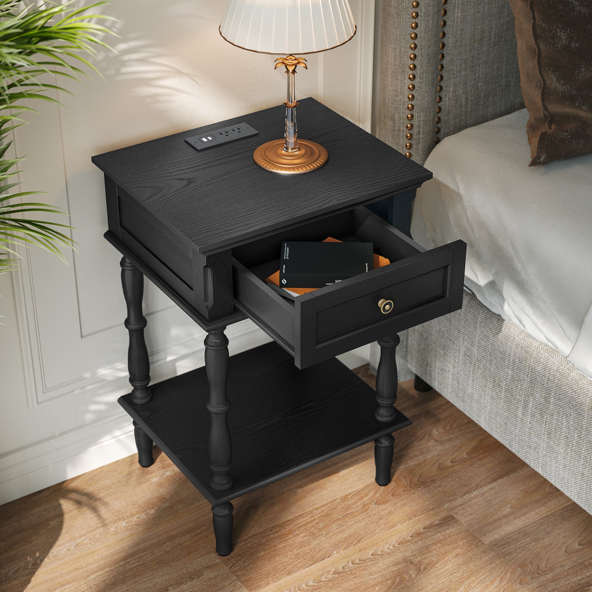 CBJCBJ 17" Retro Minimal Assembly Nightstands, Side Table with Drawer and Socket, For Bedroom, Living Room