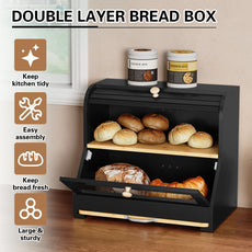 HLR Natural Bamboo Bread Box Kitchen Countertop with Cutting Board and Roll Top, Black 2-Tier Large Wood Bread Bin