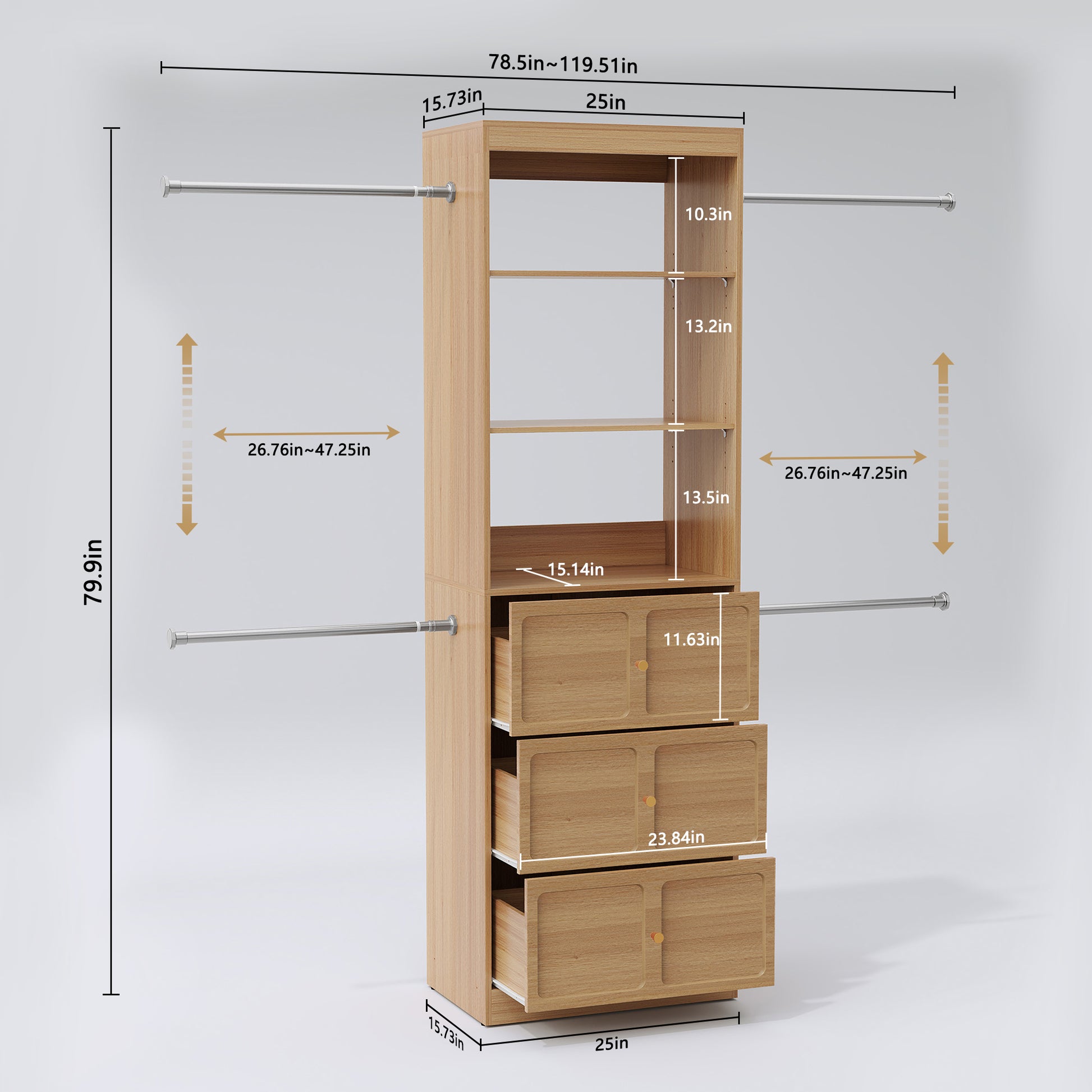 CBJCBJ Wood Closet Organizer System with 3 Drawers, 4 Hanging Rods, Wardrobe Clothes Rack for Bedroom,Wood