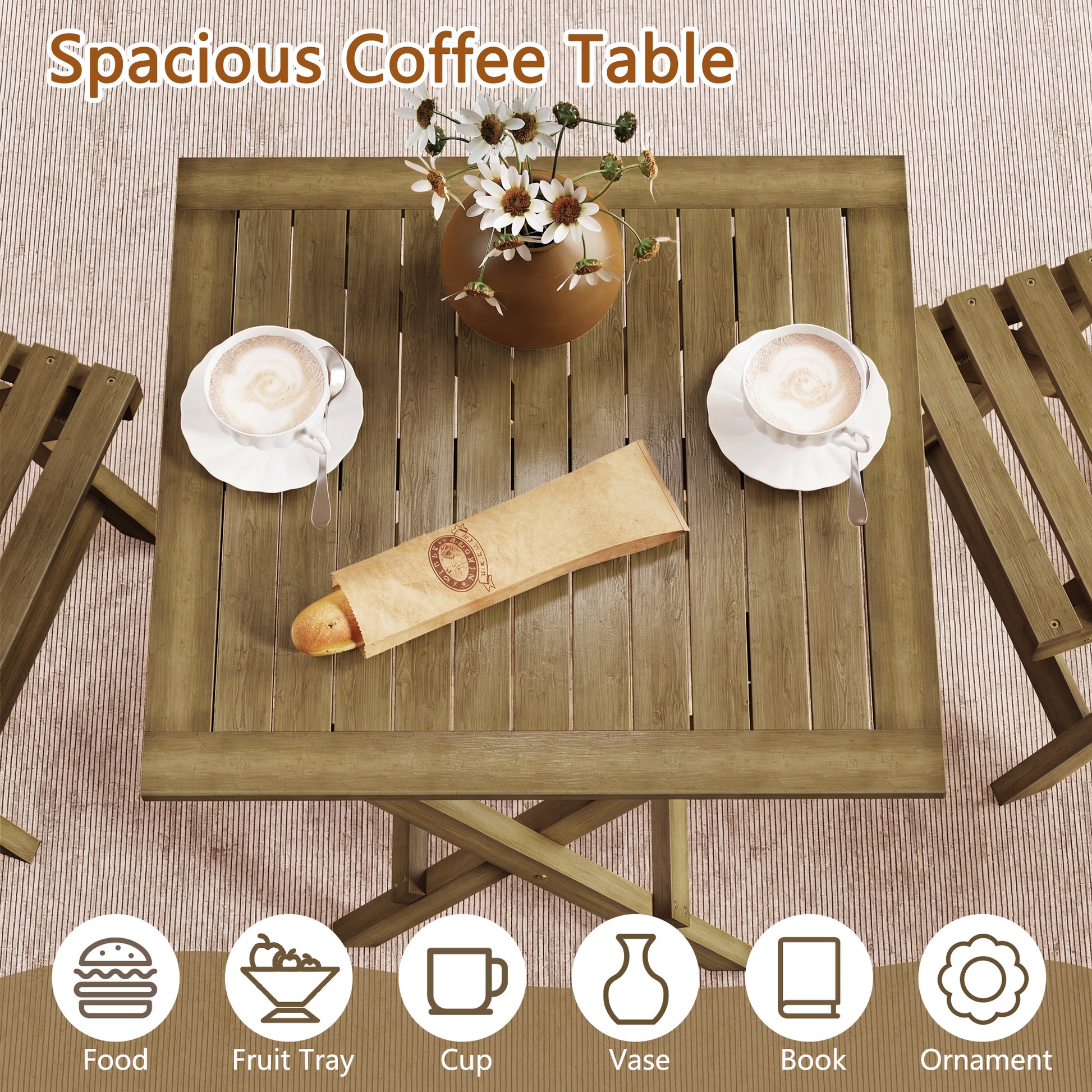 HLR 3-Piece Folding Bistro Table and Chairs Set, Outdoor Patio Solid Wood Furniture Sets with Table Outdoor Garden, Brown