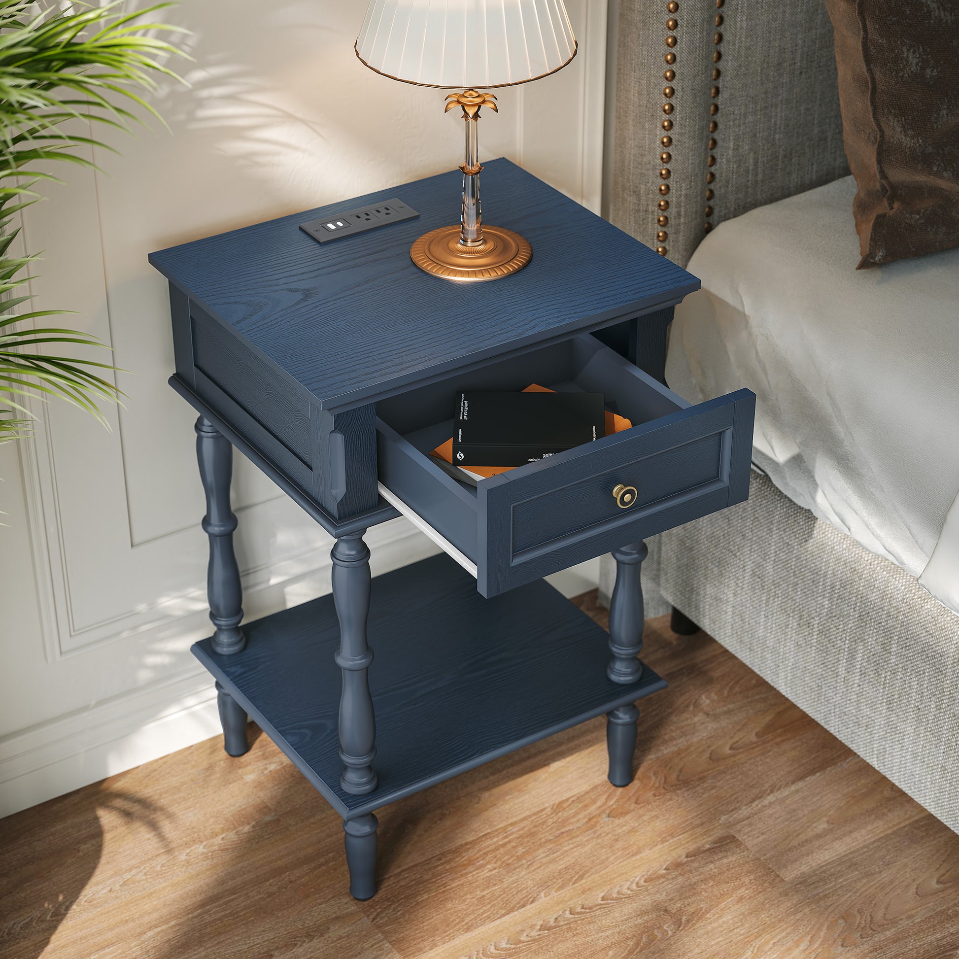 CBJCBJ 17" Retro Minimal Assembly Nightstands, Side Table with Drawer and Socket, For Bedroom, Living Room