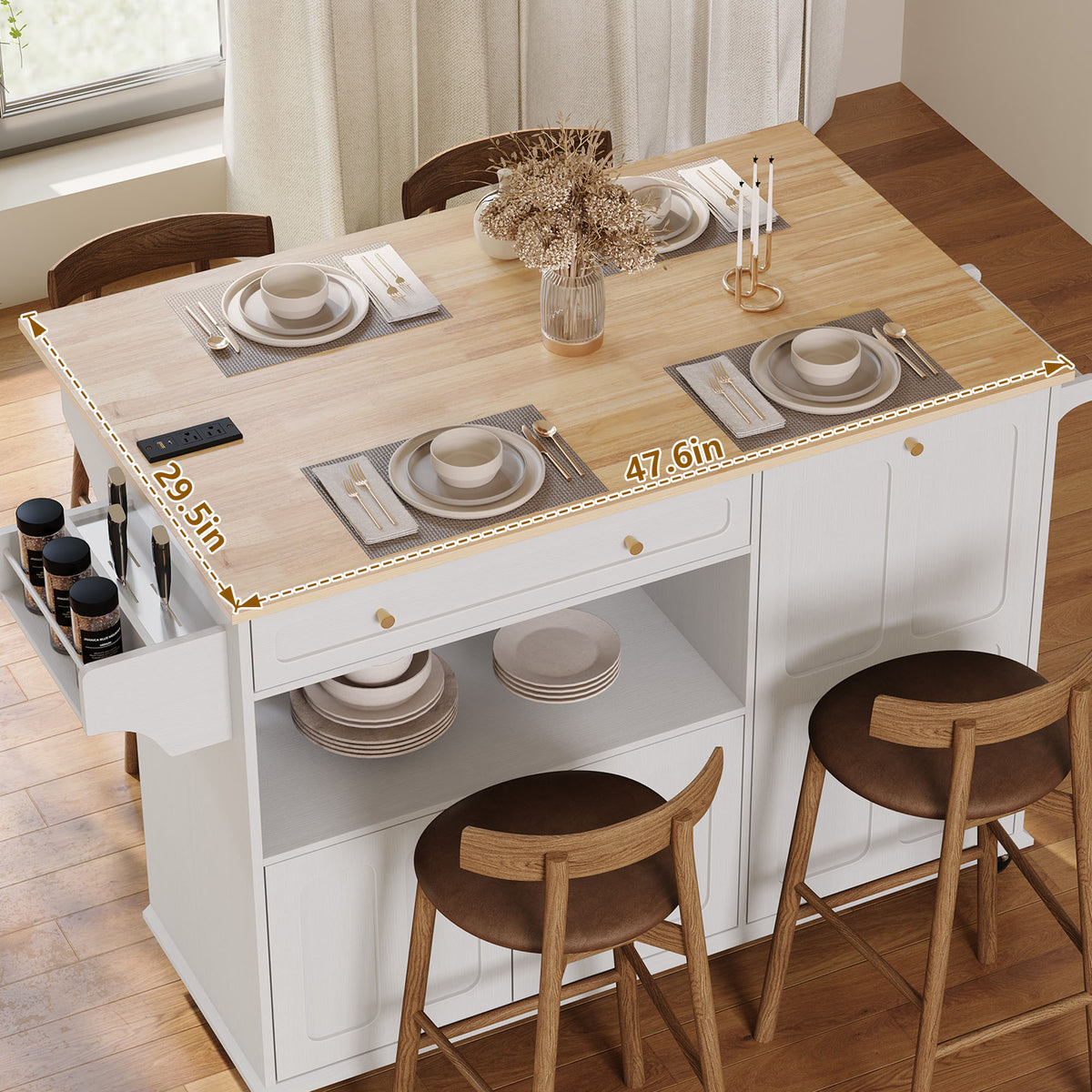 HLR Mid-Century 60" Kitchen Island with Trash Can Storage, Rolling Island Table, White