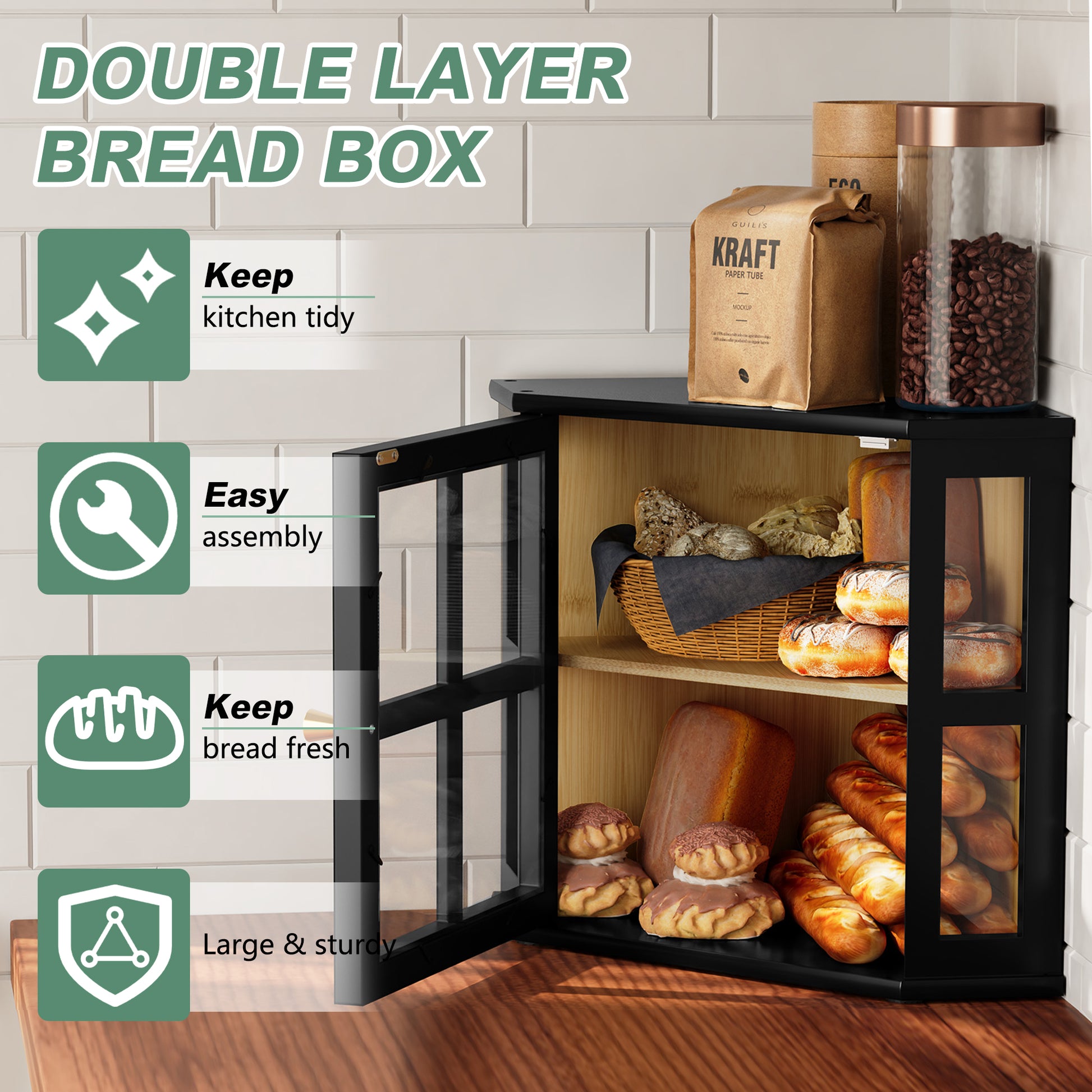 HLR Double Layer Bamboo Bread Box for Kitchen Counter, Large Capacity Bread Storage Bin with Acrylic Door, Black